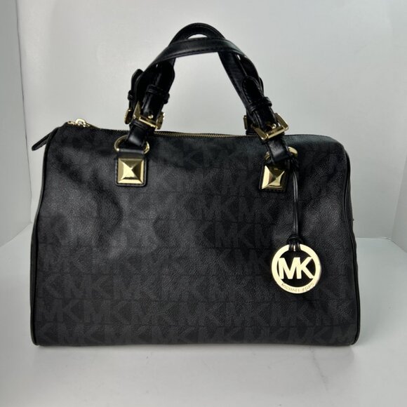 Michael Kors Signature Coated Canvas Grayson Satchel Black Gold Purse Hand Bag - Picture 1 of 15